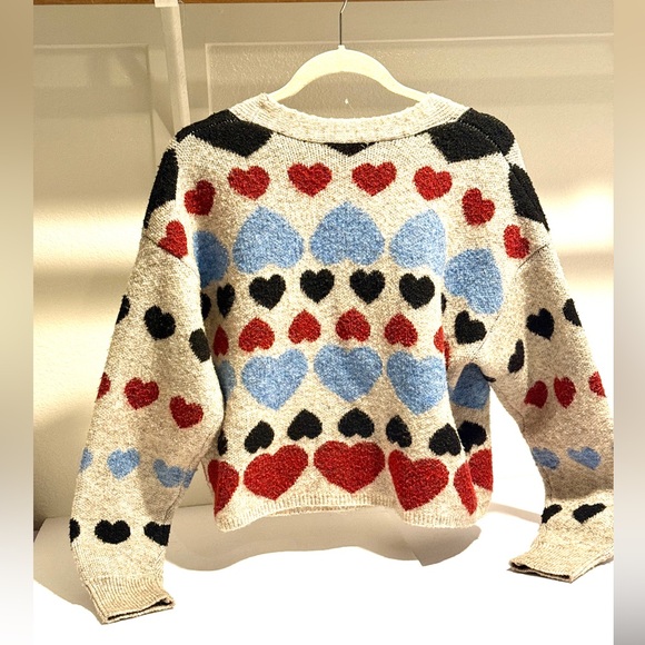 Anthropologie Free The Roses Cropped Cardigan Sweater Red Blue Hearts M - Picture 6 of 9